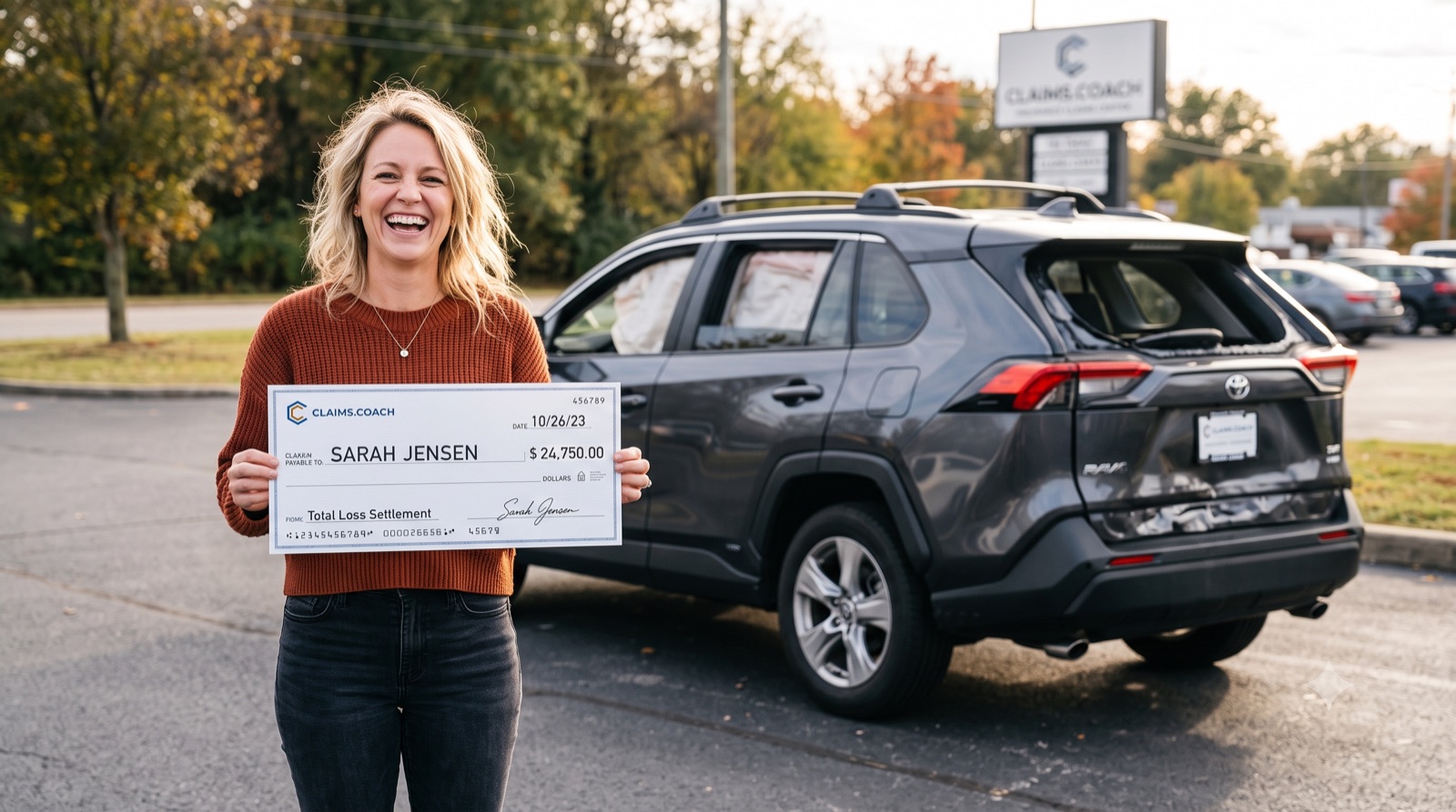 Happy Claims.Coach client holding her total-loss settlement check